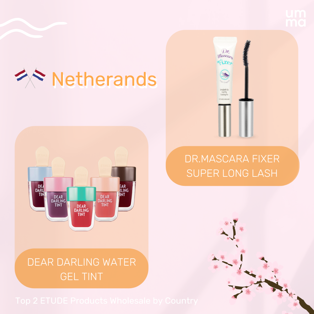 Top 2 ETUDE products Wholesale by Country - Netherlands. Dear Darling Water Gel Tint, Dr. Mascara Fixer for Super Long Lash. Available at UMMA.