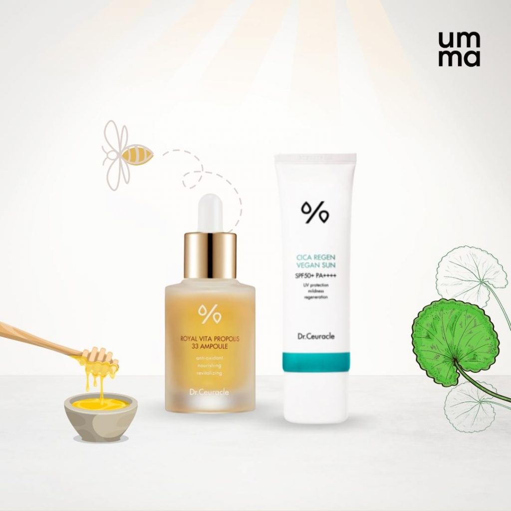 Dr. Ceuracle Royal Vita Propolis 33 Ampoule and Cica Regen Vegan Sun SPF 50+ PA++++ on wholesale at umma